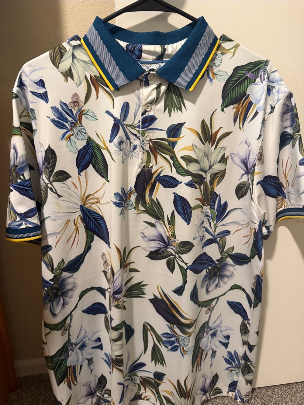 Men's White Floral Polo with Blue Trim